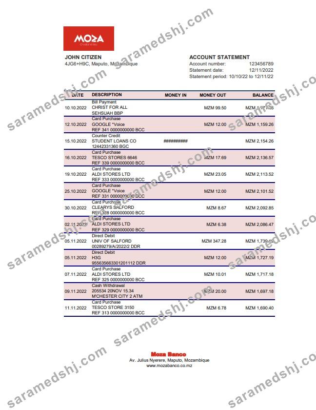 Mozambique Moza bank statement xls